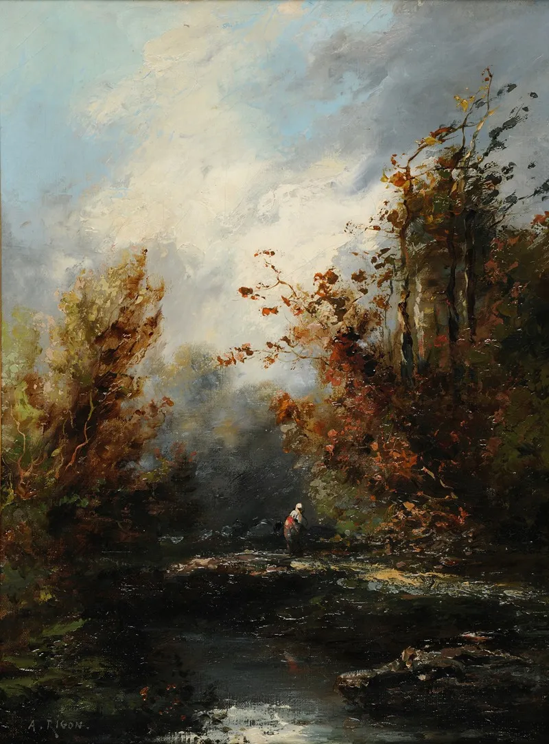 Paysage Avec Cours Deau Et Paysanne Wall Art by Auguste Rigon - High-Resolution Digital Print