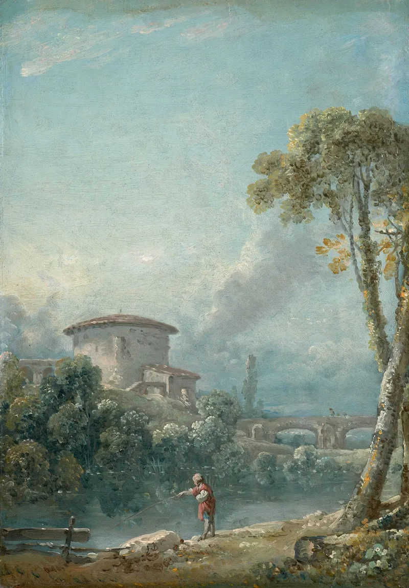 Paysage Avec Un Pecheur Au Bord Dun Lac Au Fond Un Grand Pigeonnier Wall Art by Nicolas Jacques Julliard - High-Resolution Digital Print