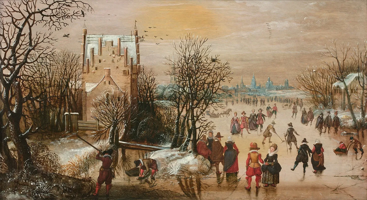 Paysage Dhiver Avec Patineurs Et Chasseurs Une Ville Dans Le Lointain Wall Art by Adam van Breen - High-Resolution Digital Print