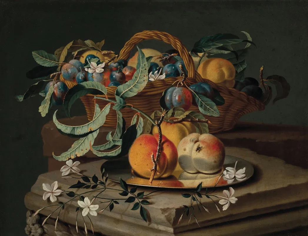 Peaches And Plums In A Basket And On A Pewter Plate With Flowers On A Stone Plinth Wall Art by Christian Berentz - High-Resolution Digital Print
