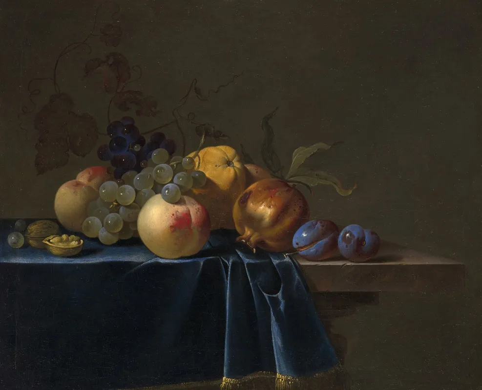 Peaches Grapes Pomegranate And Plums On An Entablature Wall Art by Willem van Aelst - High-Resolution Digital Print