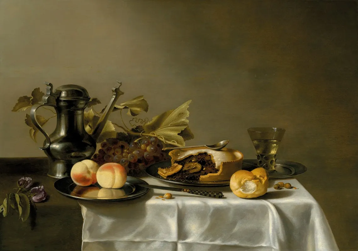 Peaches On A Silver Platter A Fruit Pie A Bread Roll A Prunted Roemer And A Silver Coffee Pot On A Partially Draped Table Wall Art by Circle of Pieter Claesz. - High-Resolution Digital Print