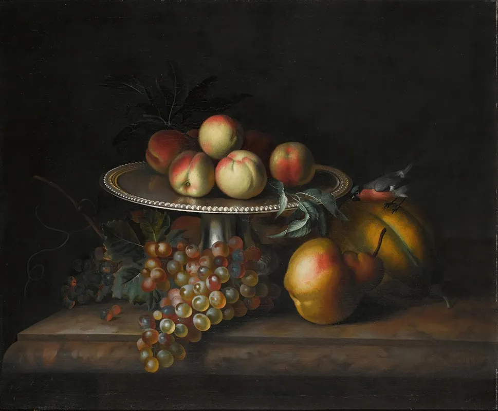 Peaches On A Silver Tazza With Grapes A Pear A Melon And A Bird On A Marble Ledge Wall Art by Tobias Stranover - High-Resolution Digital Print