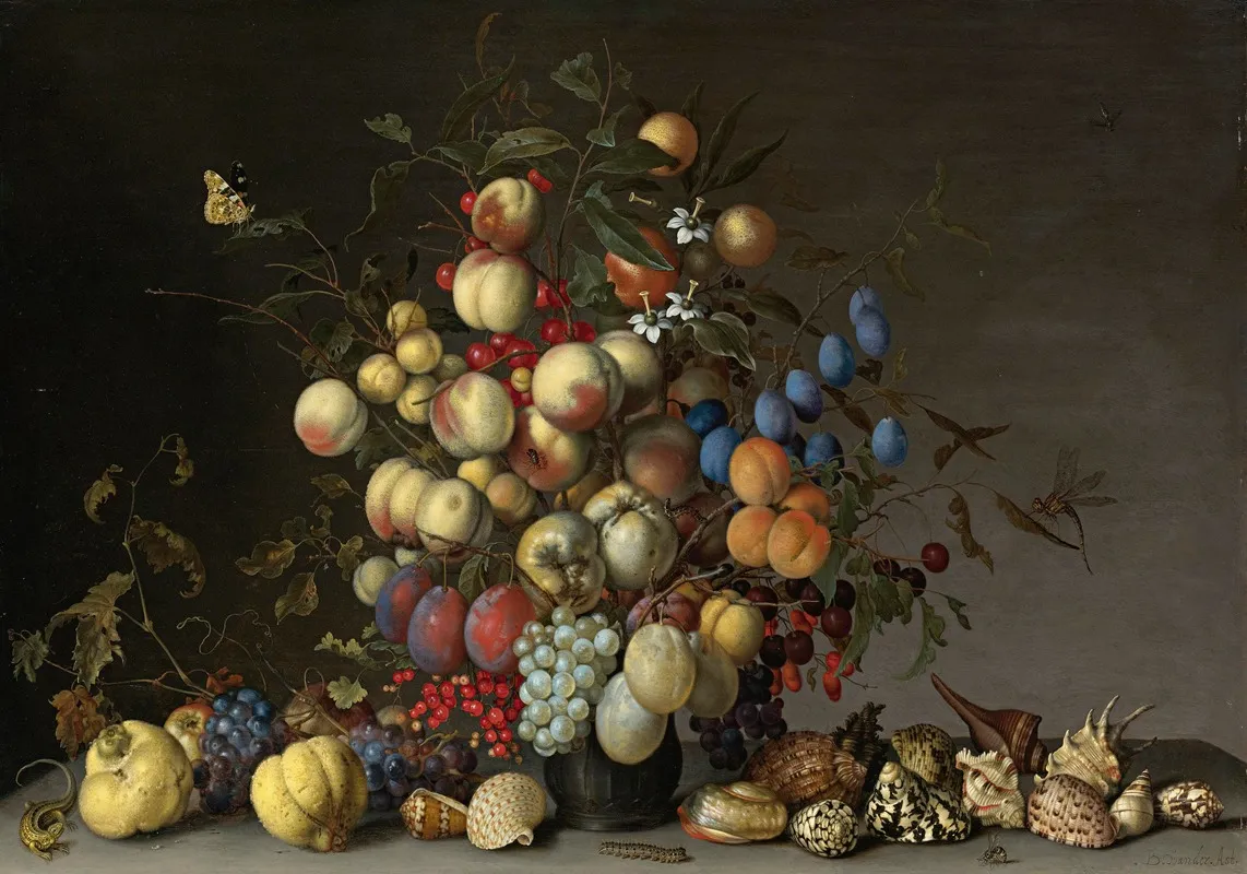 Peaches Plums Oranges Apples Cherries Grapes Red Currants Black Currants Crab Apples And Other Fruit In A Pewter Vase Wall Art by Balthasar van der Ast - High-Resolution Digital Print