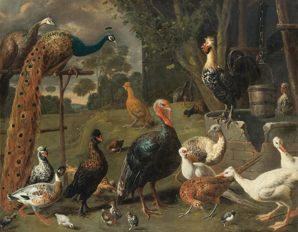 Peacock And Peahen On A Perch Turkeys A Pheasant And Poultry By A Well Wall Art by Adriaen van Utrecht - High-Resolution Digital Print