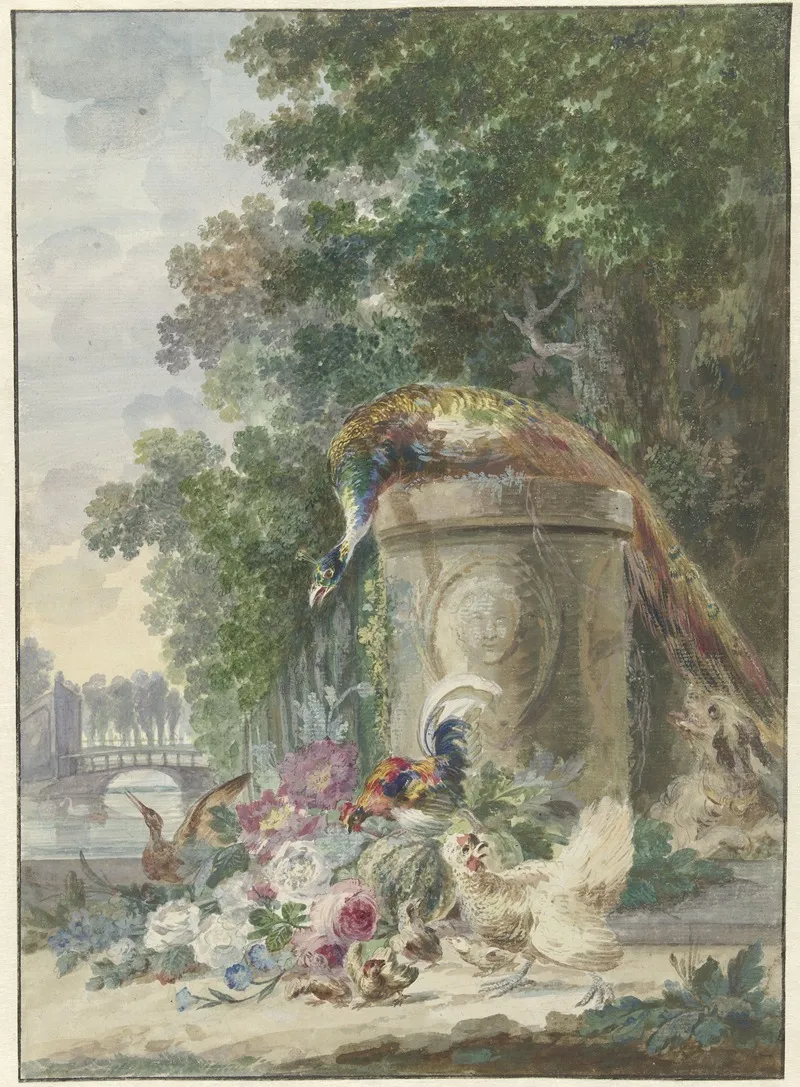 Peacock And Poultry In A Park Chased By A Dog Wall Art by Arie Lamme - High-Resolution Digital Print