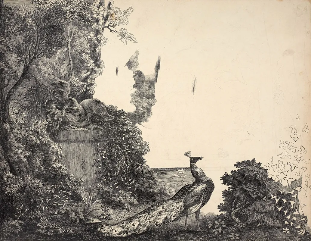 Peacock And Statue Of A Child In A Landscape