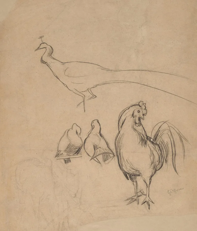 Peacock Rooster And Two Pigeons Wall Art by Hans Thoma - High-Resolution Digital Print