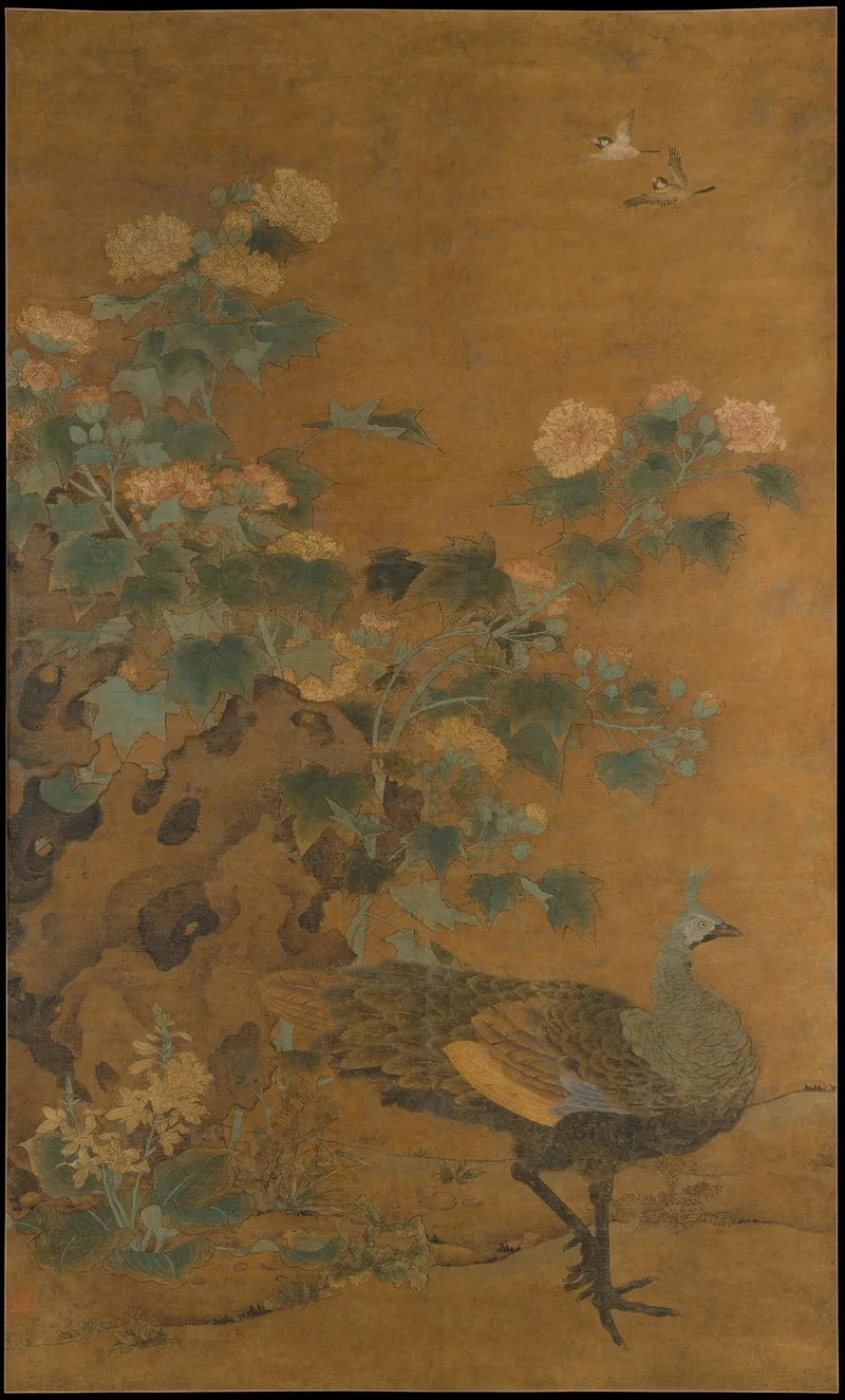 Peahen And Hibiscus Wall Art by Bian Lu - High-Resolution Digital Print