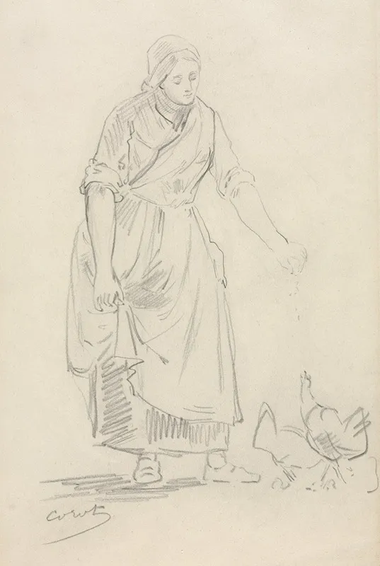 Peasant Girl Feeding Chickens
