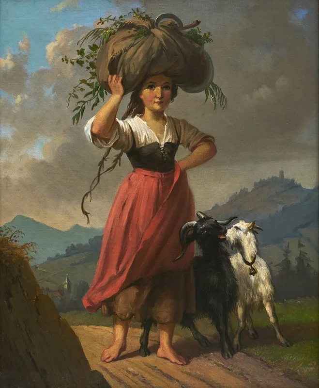 Peasant Girl With Two Goats Carrying A Bundle Of Hay Wall Art by Dominik Weber - High-Resolution Digital Print