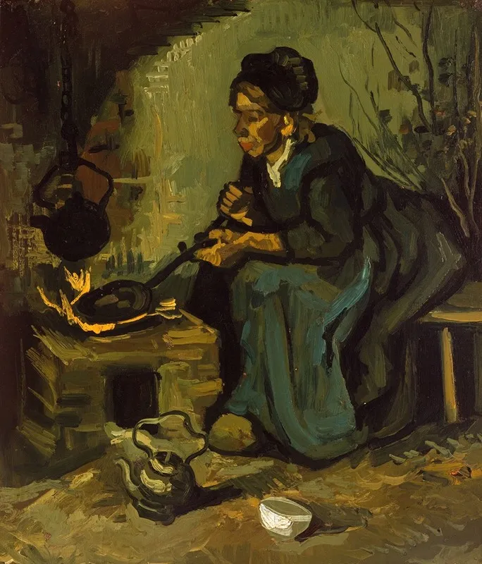 Peasant Woman Cooking By A Fireplace Wall Art by Vincent van Gogh - High-Resolution Digital Print