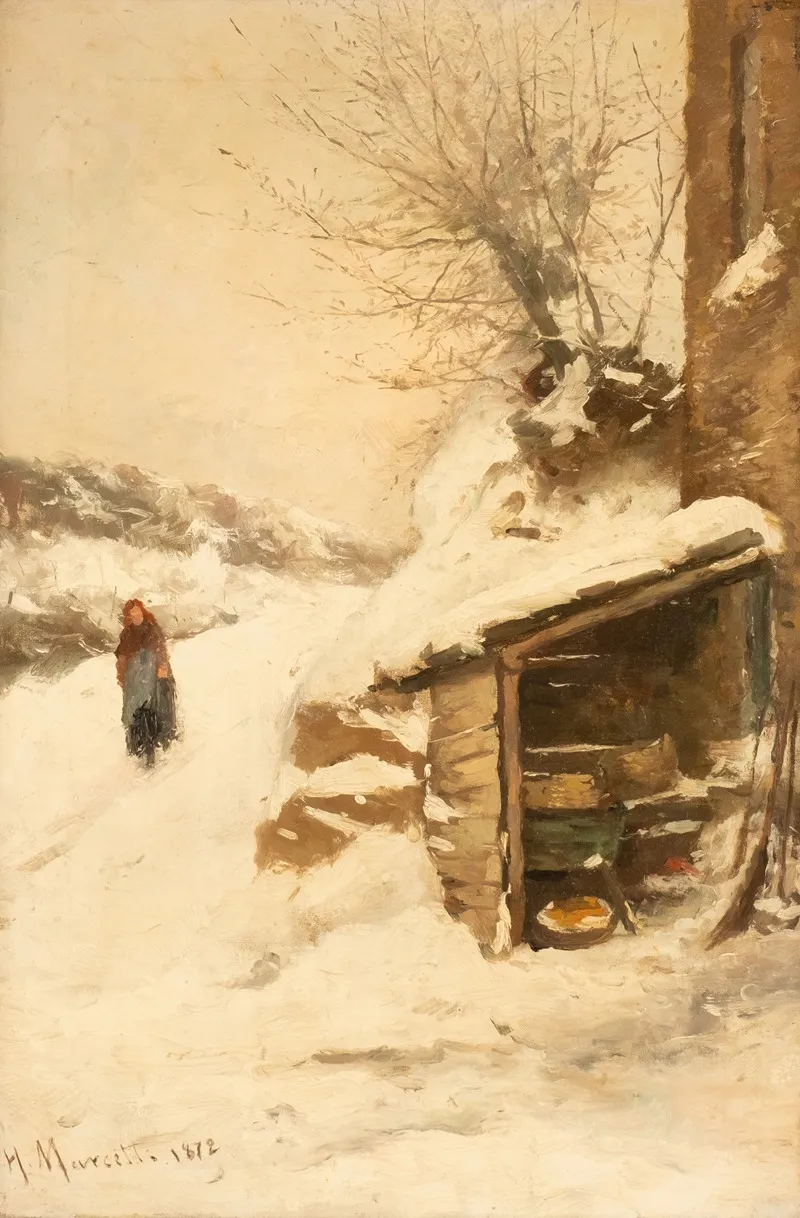 Peasant Woman In Snowy Landscape Wall Art by Henri Joseph Marcette - High-Resolution Digital Print