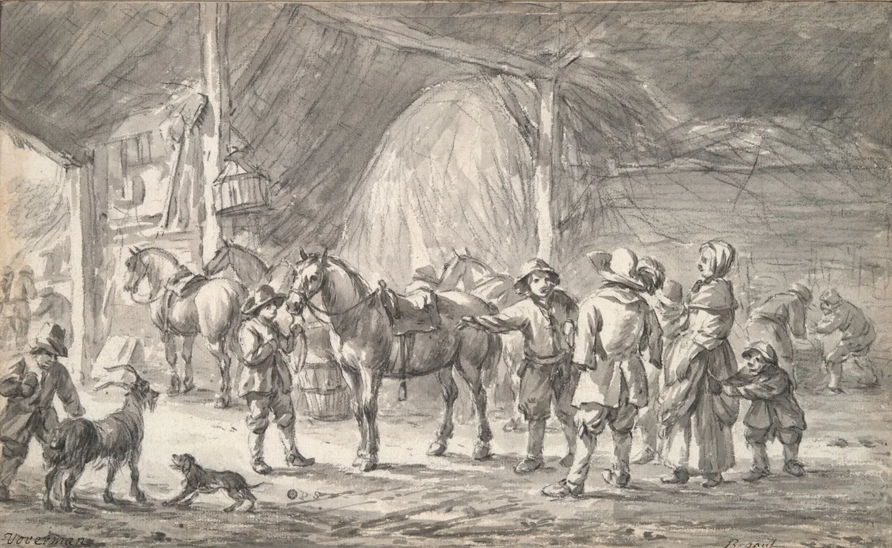 Peasants And Horses In A Stable Wall Art by Barent Gael - High-Resolution Digital Print