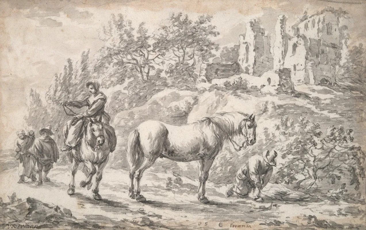Peasants And Horses Near The Ruins Of A Castle Wall Art by Barent Gael - High-Resolution Digital Print