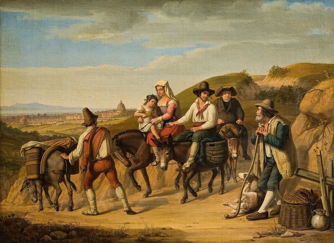 Peasants At Monte Mario On Their Way To Rome Wall Art by Dietrich Wilhelm Lindau - High-Resolution Digital Print
