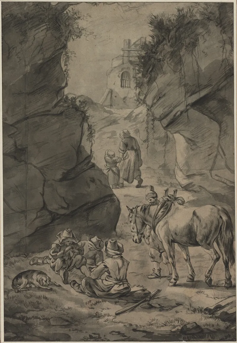 Peasants In A Rocky Landscape Wall Art by Jan Wouwerman - High-Resolution Digital Print