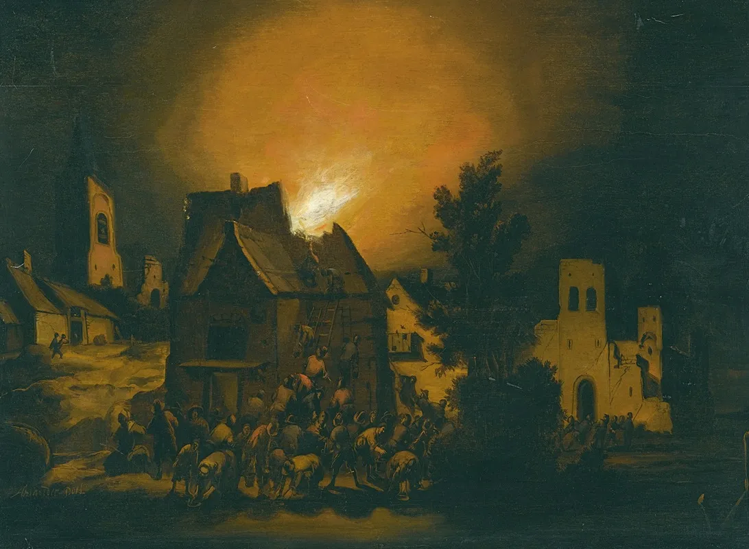 Peasants Putting Out A Village Fire At Night Wall Art by Adriaen Lievensz. van der Poel - High-Resolution Digital Print