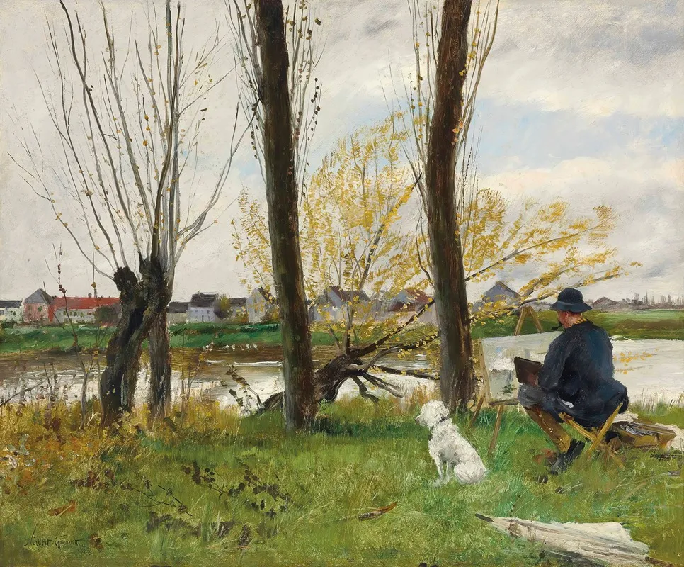 Peintre Au Bord Dune Riviere