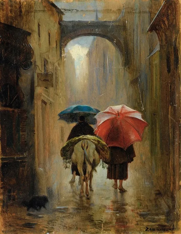 Pelerins De Dos Sous La Pluie Wall Art by Eduardo Zamacois y Zabala - High-Resolution Digital Print