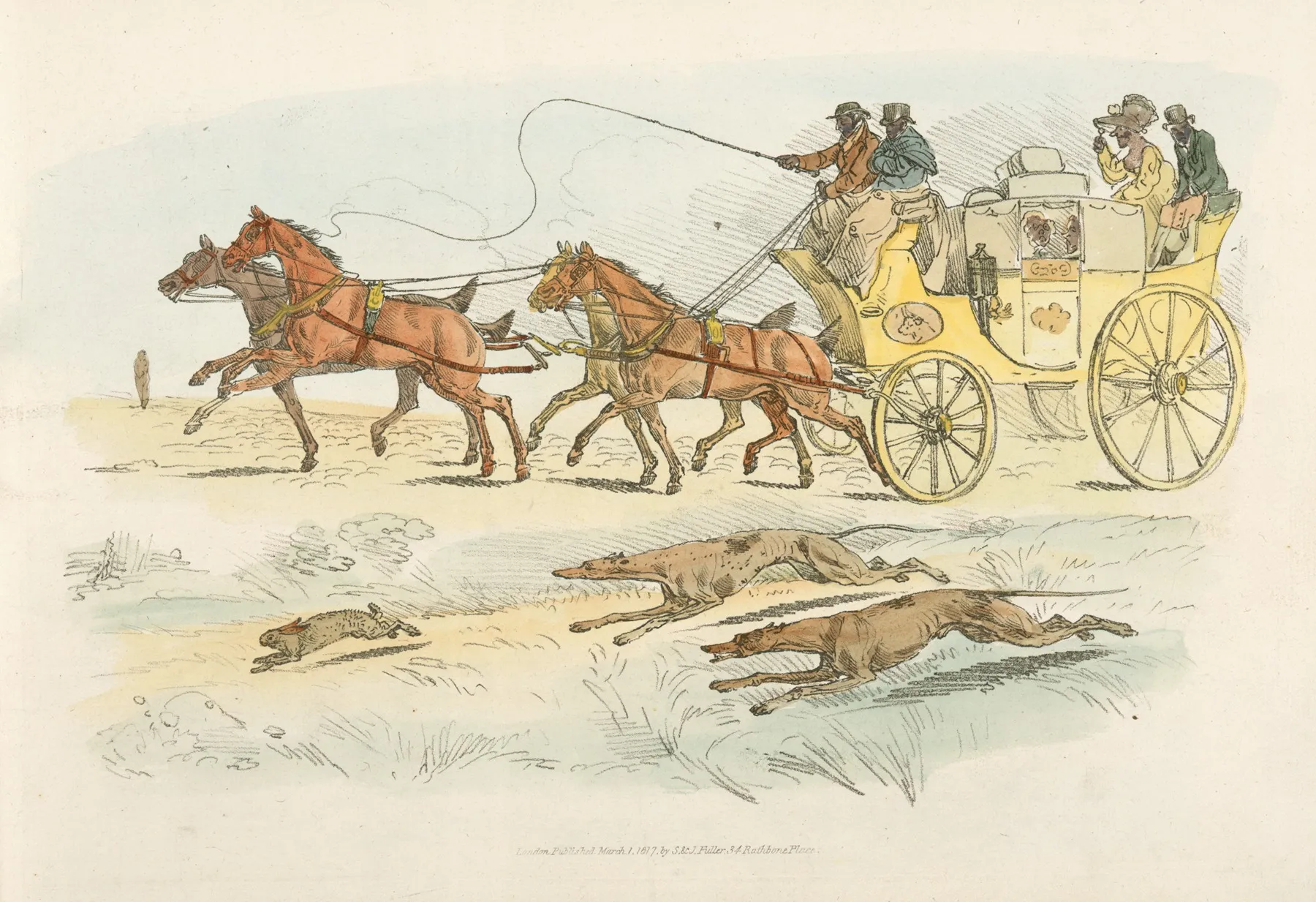 People On A Carriage Watching Dogs Chasing A Rabbit
