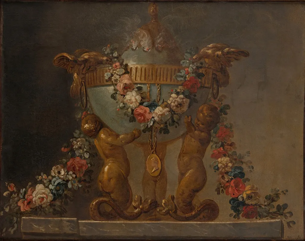 Perfume Burner Supported By Baby Tritons And Garlanded With Flowers