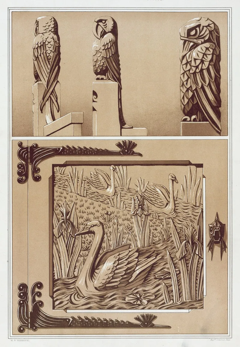 Perroquets Aigle Bois Sculpte Cygnes Et Iris Porte En Bois Sculpte