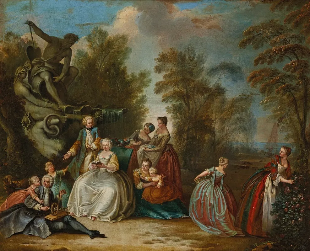 Personnages Autour Dune Fontaine Lisant Et Filant Wall Art by Jacques Sébastien Leclerc - High-Resolution Digital Print