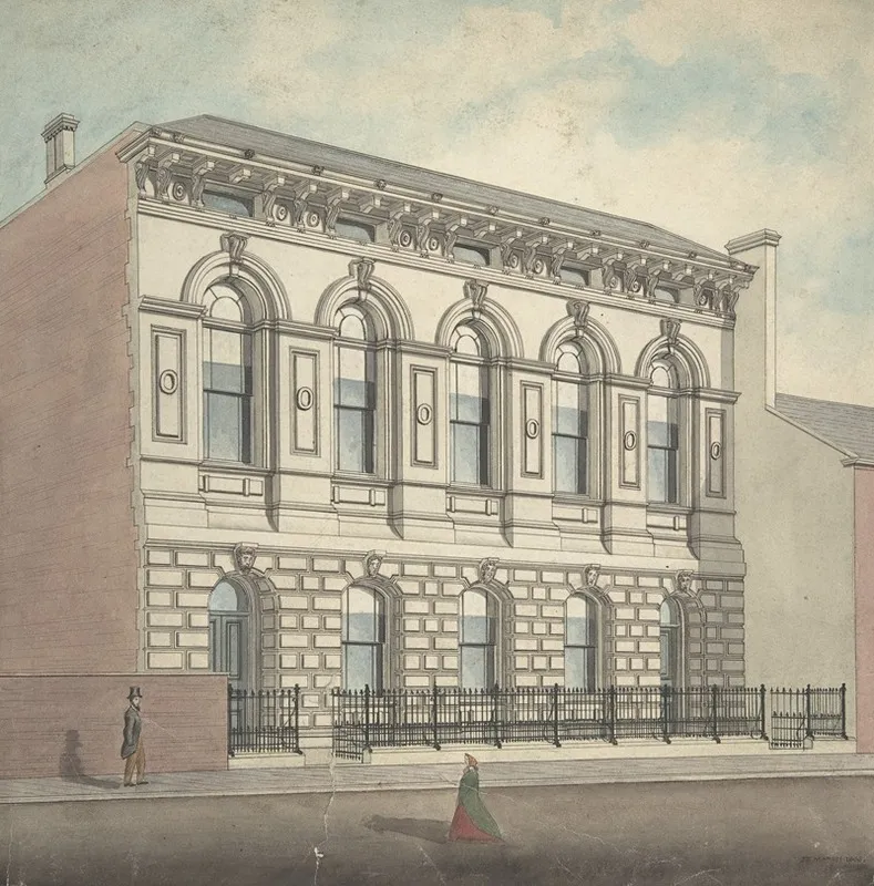 Perspective Elevation From Left Of Stonefaced Building Of Five Bays And Two Stories Wall Art by J. B. Marsh - High-Resolution Digital Print