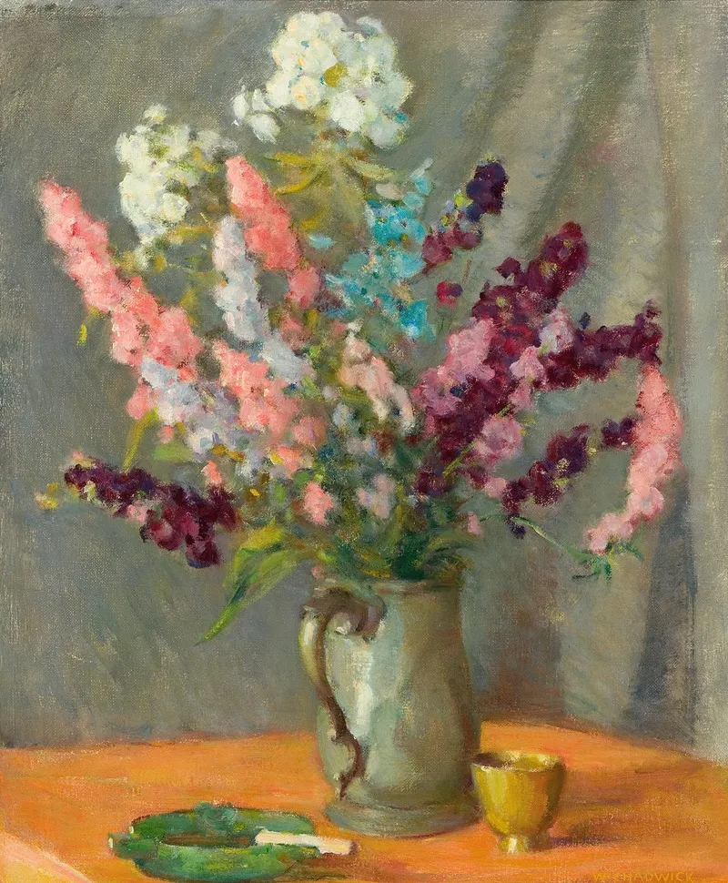 Pewter Mug With Delphiniums Wall Art by William Chadwick - High-Resolution Digital Print