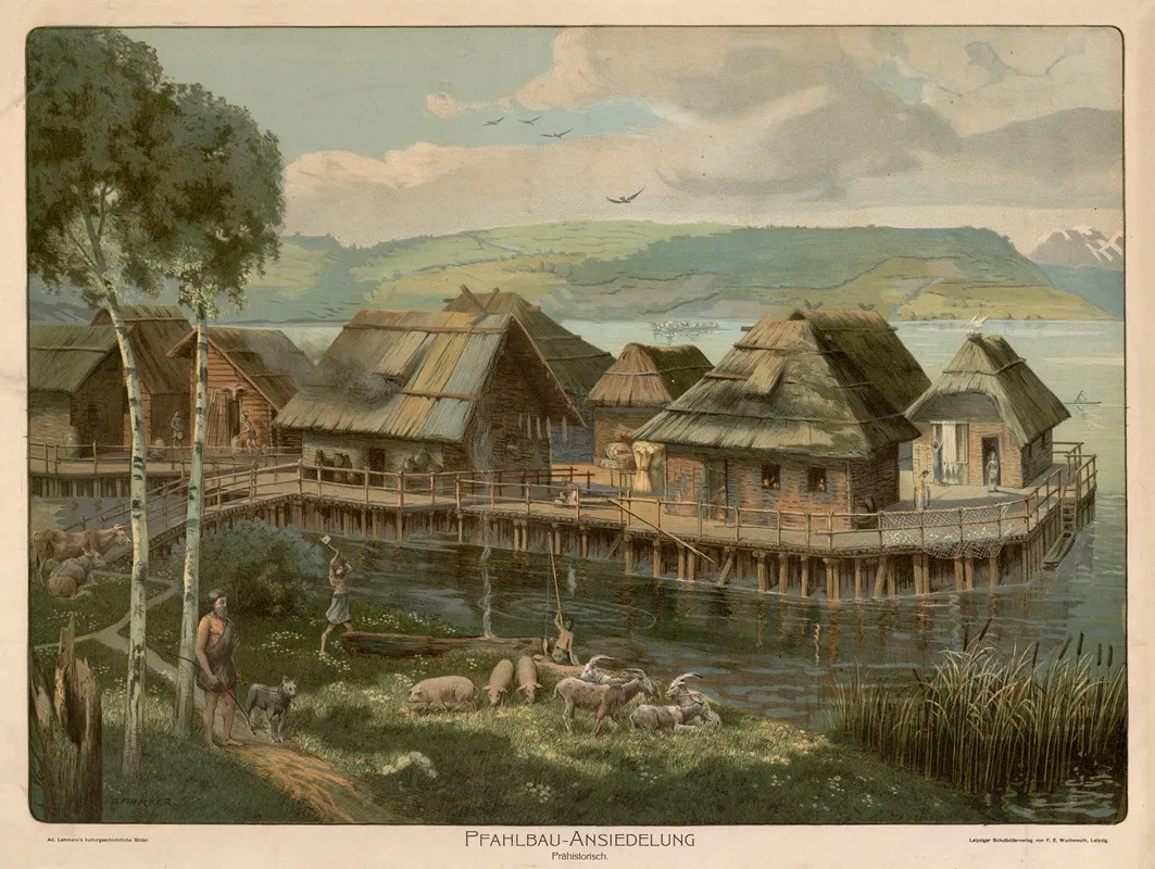 Pfahlbau Ansiedelung Prahistorisch Wall Art by Adolf Lehmann - High-Resolution Digital Print