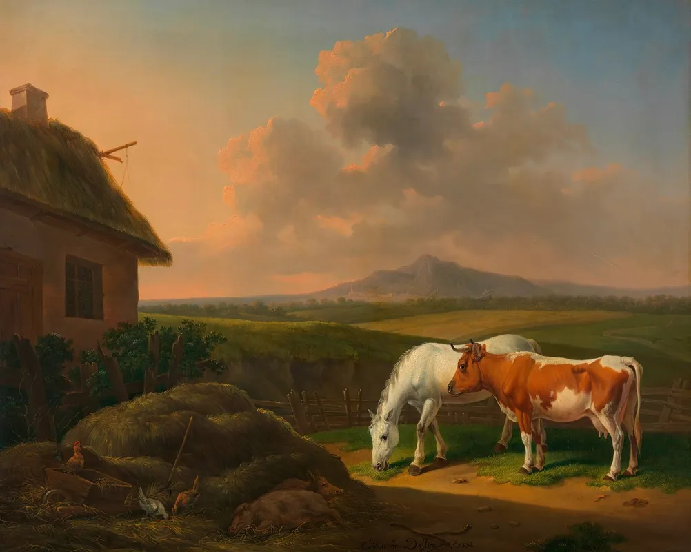 Pferd Und Kuh Im Wirtschaftshof Wall Art by Alexander Johann Dallinger von Dalling - High-Resolution Digital Print