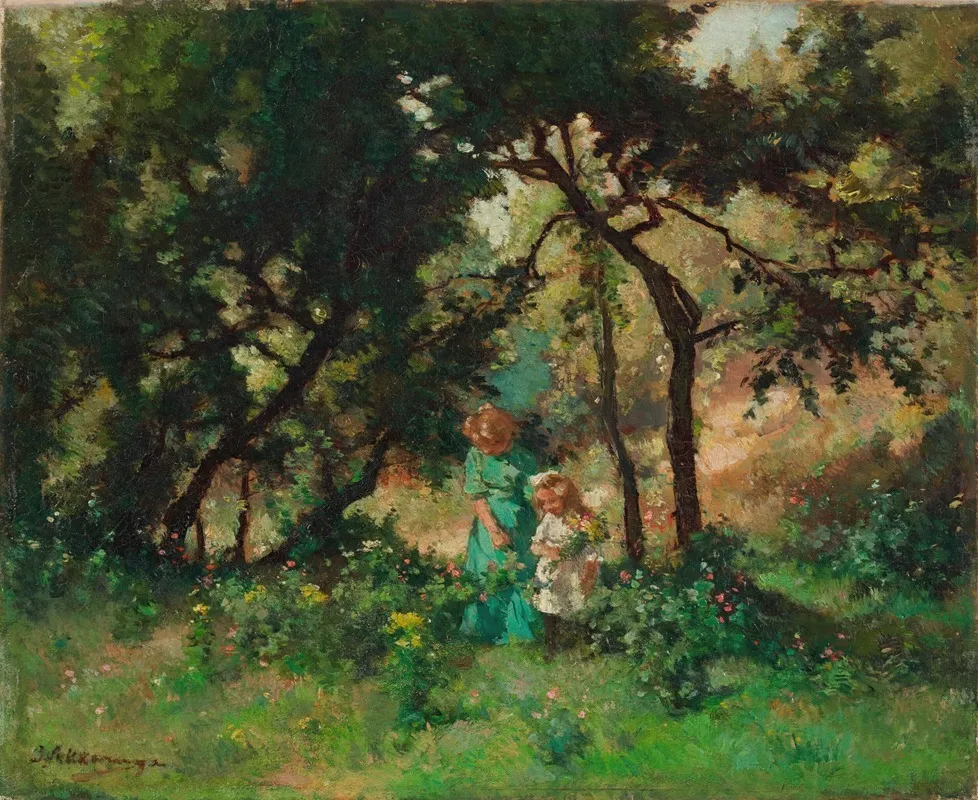Picking Flowers In The The Hague Forest Wall Art by Johannes Evert Hendrik Akkeringa - High-Resolution Digital Print