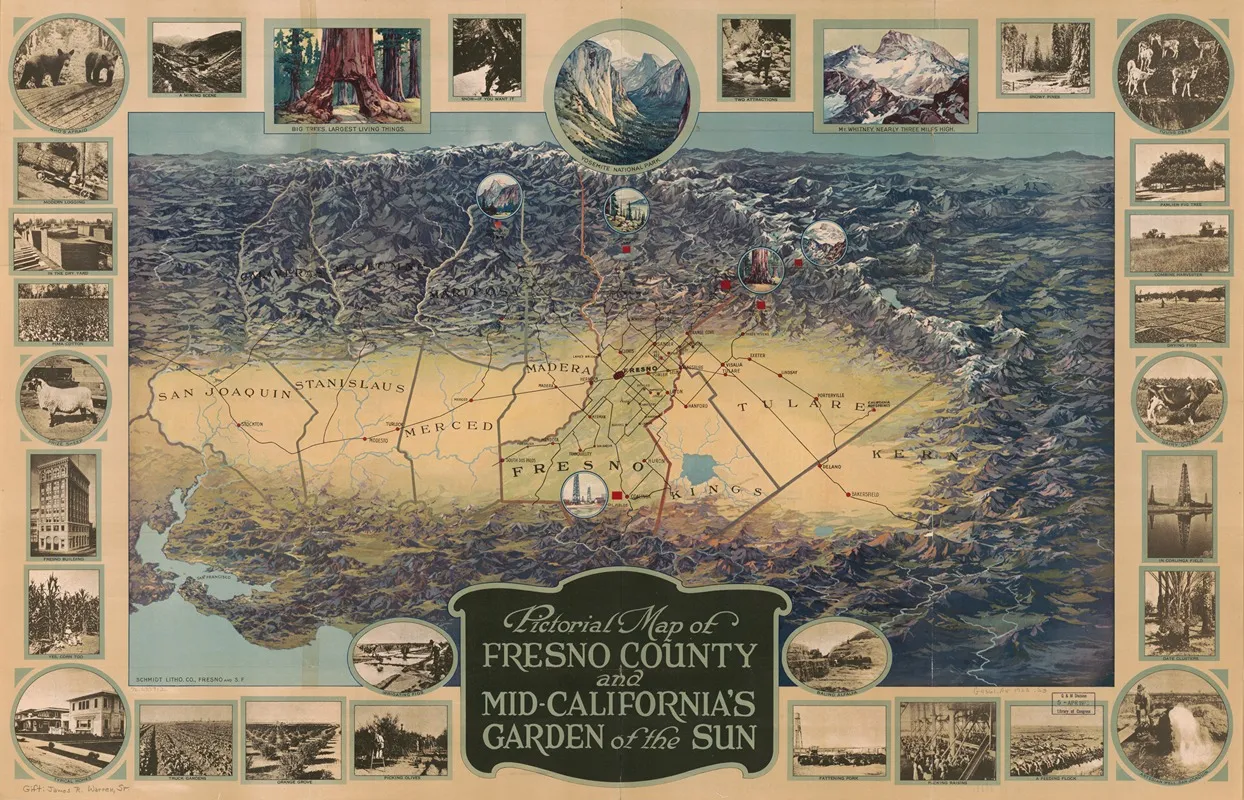 Pictorial Map Of Fresno County And Mid Californias Garden Of The Sun Wall Art by Schmidt Litho. Co - High-Resolution Digital Print
