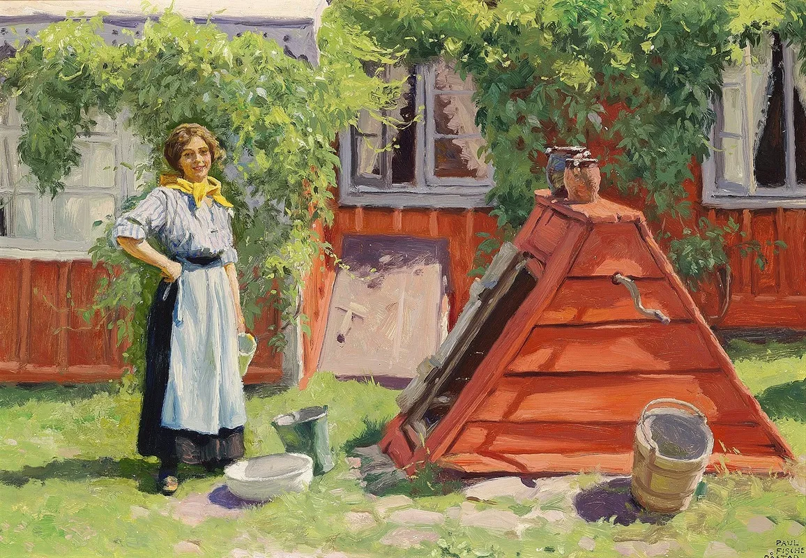 Pige Ved En Brond Ud For Et Rodmalet Svensk Traehus Wall Art by Paul Fischer - High-Resolution Digital Print