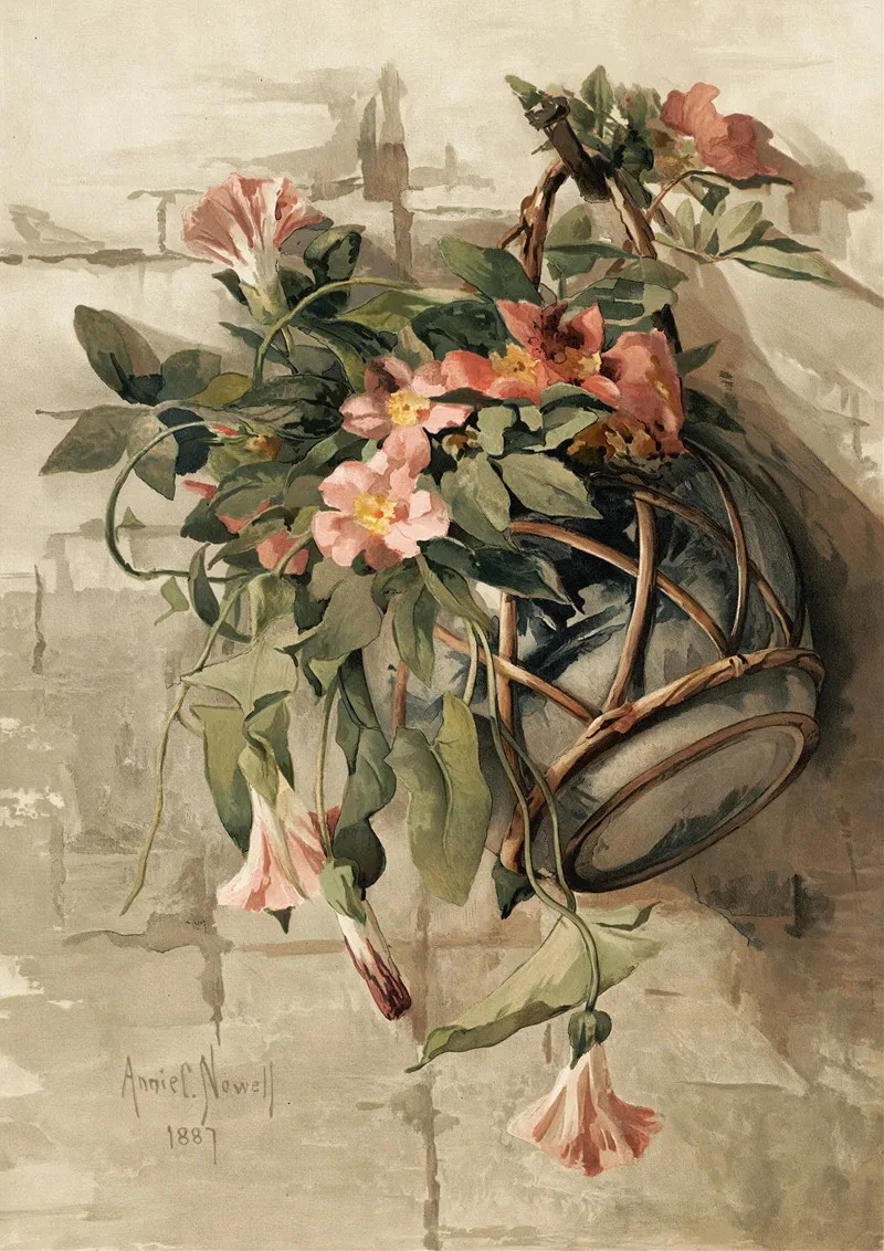 Pink Flowers In Hanging Vase Wall Art by Annie Nowell - High-Resolution Digital Print