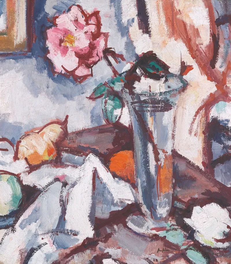 Pink Rose In Glass Vase With Fruit Wall Art by Samuel John Peploe - High-Resolution Digital Print