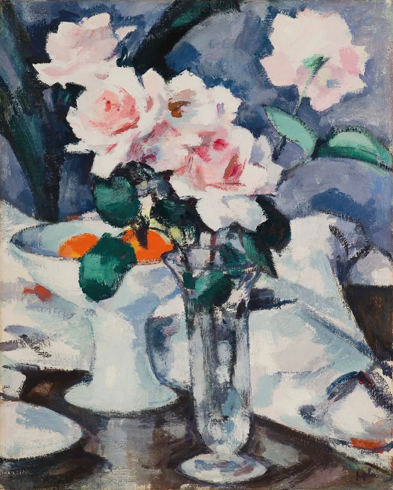 Pink Roses In A Glass Vase Wall Art by Samuel John Peploe - High-Resolution Digital Print