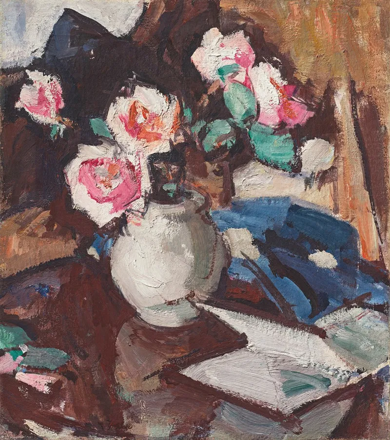 Pink Roses In A Vase Wall Art by Samuel John Peploe - High-Resolution Digital Print
