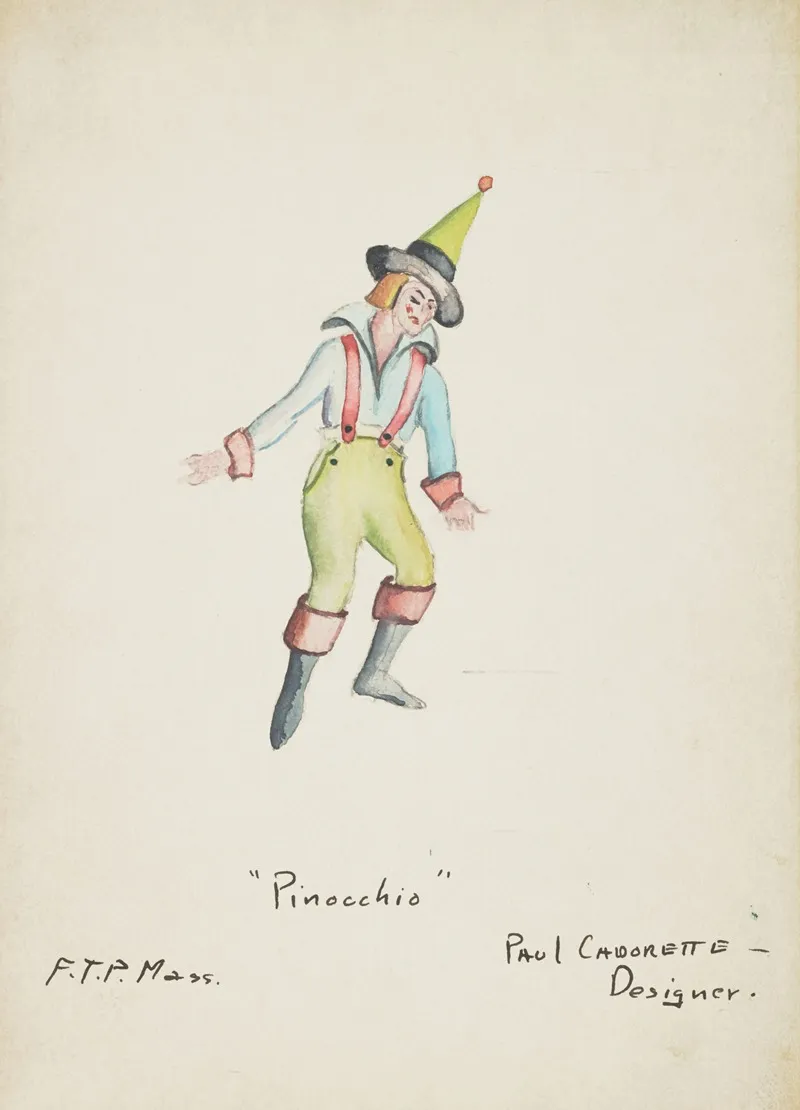 Pinocchio Blue Shirt Green Trousers Red Suspenders Green Conical Hat Wall Art by Paul Cadorette - High-Resolution Digital Print