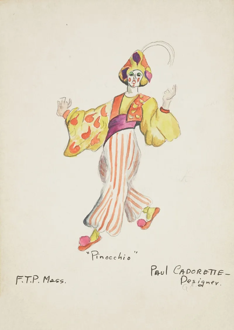 Pinocchio Clown Yellow Shirt Orange Vest Purple Cummerbund Wall Art by Paul Cadorette - High-Resolution Digital Print