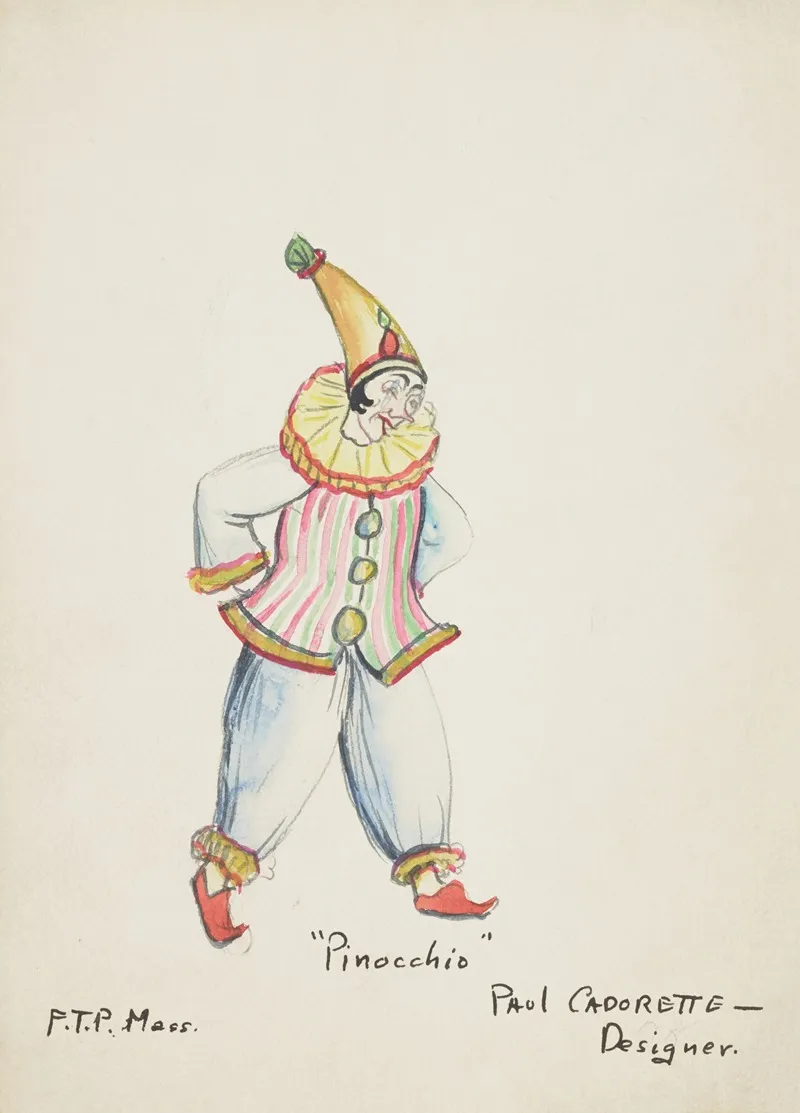 Pinocchio Clowns Loose Blue Pants Multicolored Vest Blue Blouse Wall Art by Paul Cadorette - High-Resolution Digital Print
