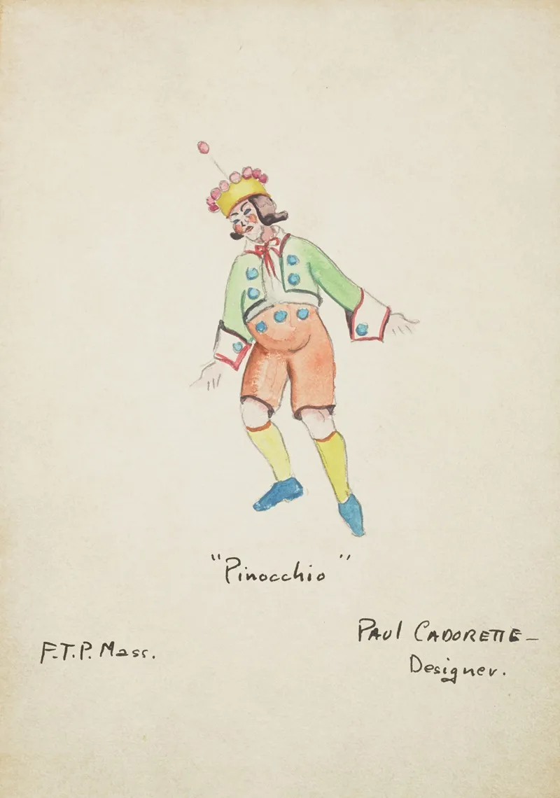 Pinocchio Green Coat White Shirt Peach Pants Yellow Stockings And Yellow Hat Wall Art by Paul Cadorette - High-Resolution Digital Print