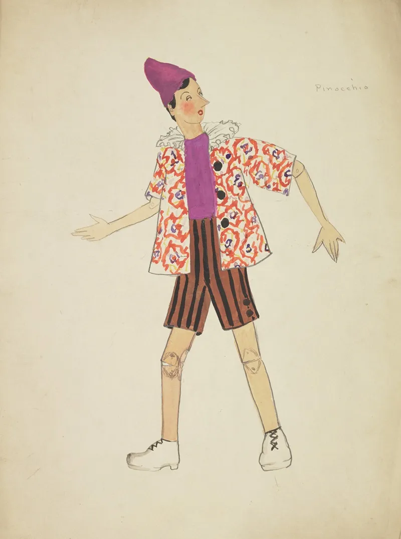 Pinocchio Pinocchio Purple Shirt White Coat With Red Pattern And Neck Ruff Wall Art by Emile Stoner - High-Resolution Digital Print