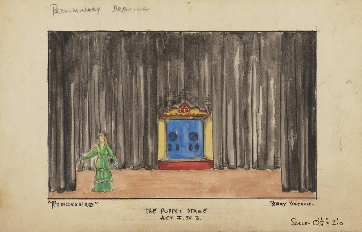 Pinocchio Preliminary Drawing Of The Puppet Stage For Act I Scene 3