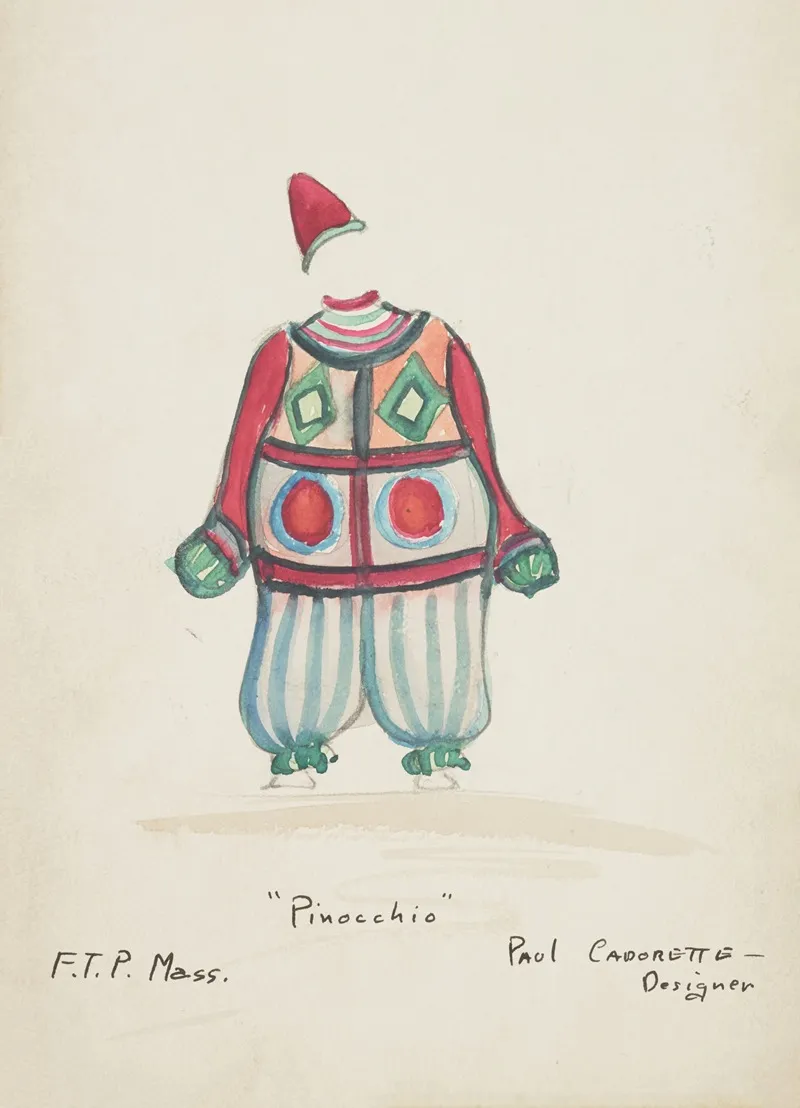Pinocchio Striped Green And White Puffy Trousers Red Top With Multicolored Shapes Red Pointed Cap Wall Art by Paul Cadorette - High-Resolution Digital Print
