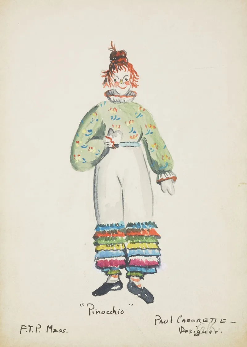 Pinocchio Teal Shirt With Collar And Cuffs White Pants With Colored Ruffles Wall Art by Paul Cadorette - High-Resolution Digital Print