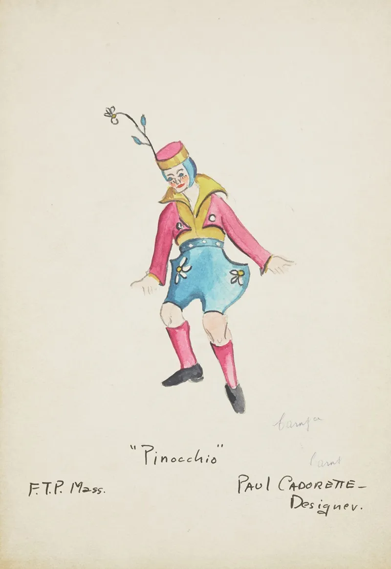 Pinocchio Yellow Shirt Pink Coat Blue Shorts Pink Socks Pink And Gold Hat Wall Art by Paul Cadorette - High-Resolution Digital Print