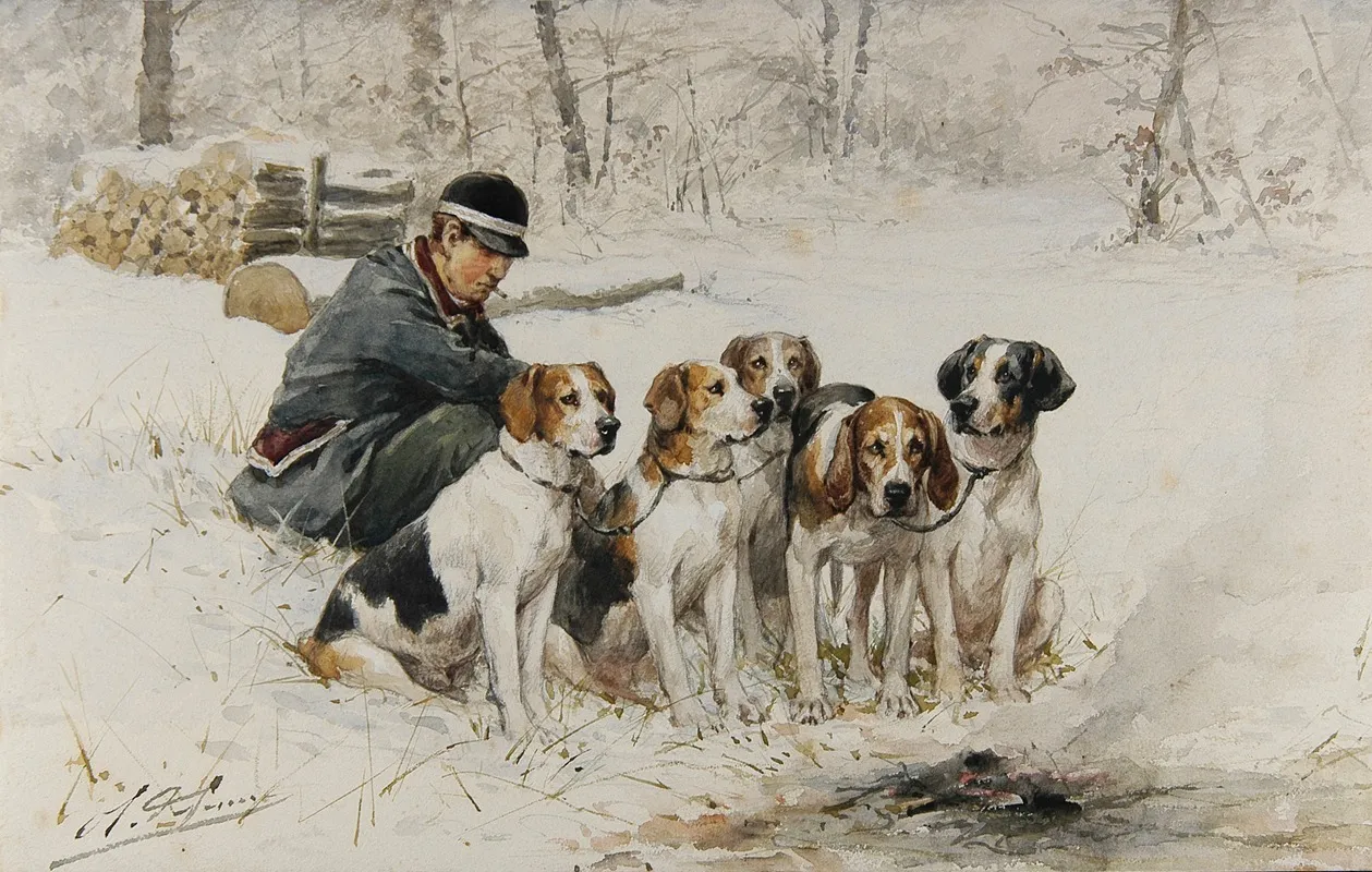 Piqueur Et Sa Meute Dans La Neige