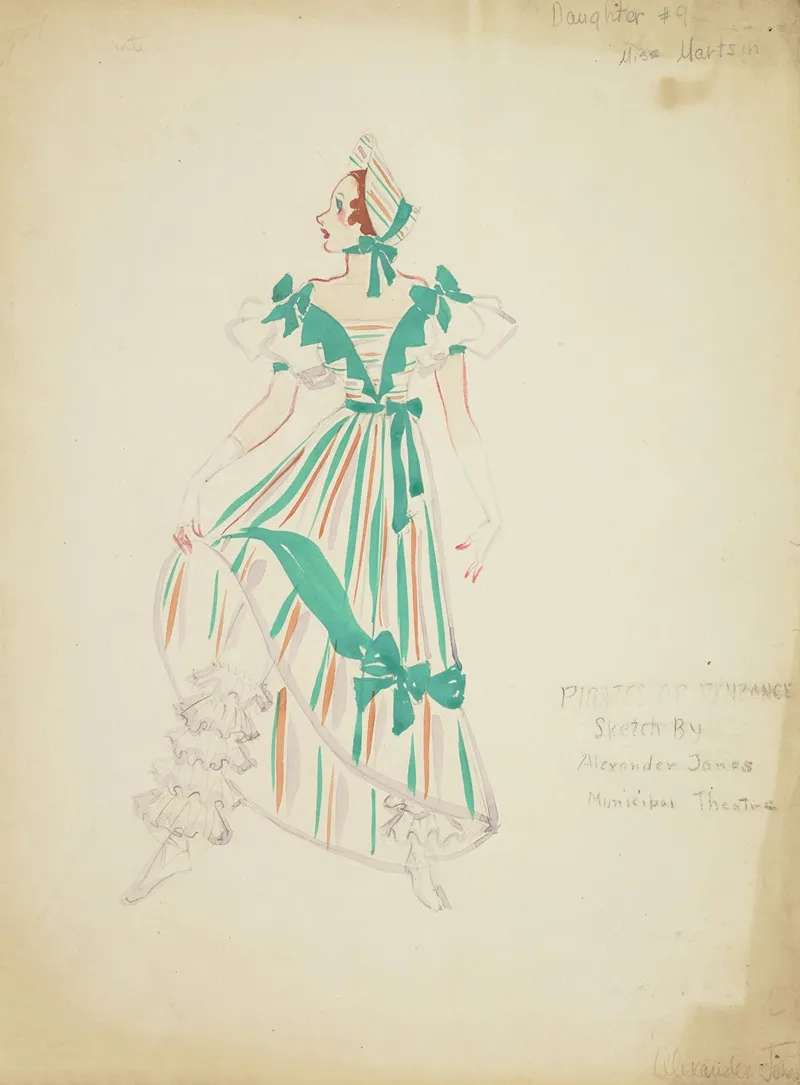 Pirates Of Penzance Daughter 9 Striped Green And Orange Dress With Green Ribbon Wall Art by Alex Jones - High-Resolution Digital Print
